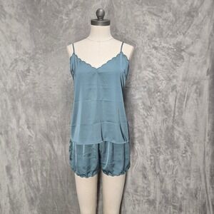 Danskin Teal Blue Satin Scalloped Pajama Set Cami Shorts Loungewear M Cozy